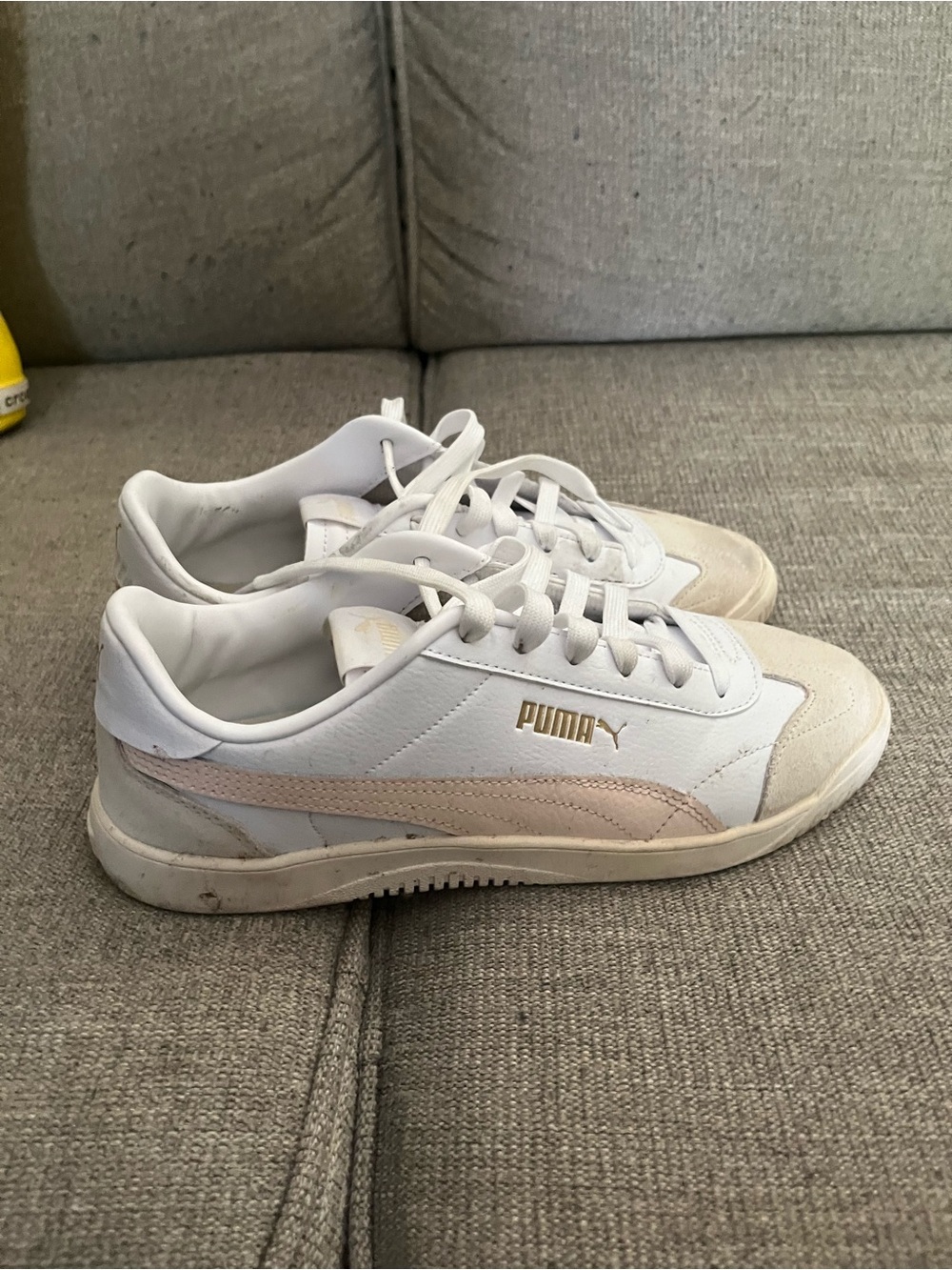 Puma Women’s White Sneakers with Pale Pink Stripe and Gold Logo